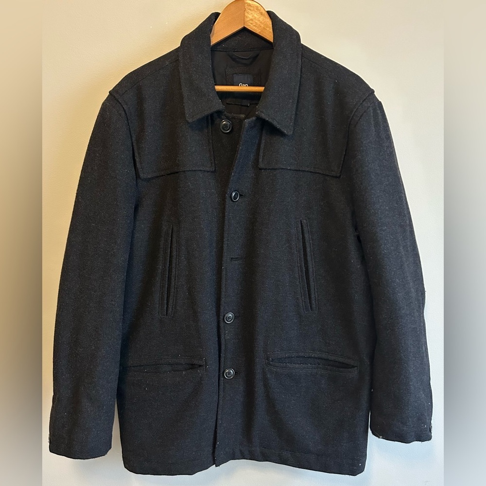 Gap Men’s Dark Grey Button Up Wool Pea Coat - Size L 2010-2012 Season